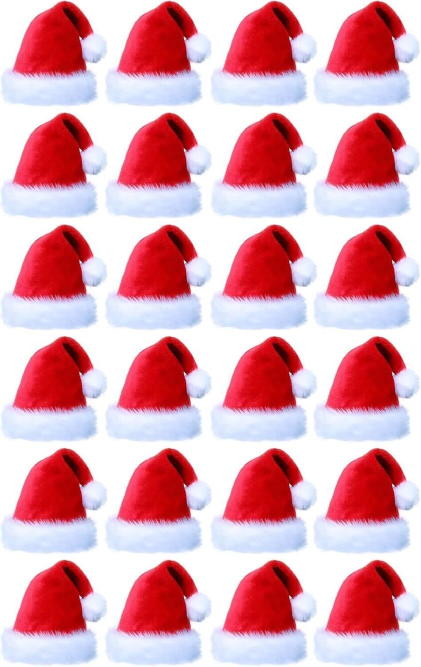 3165 24 Pack Plush Santa Hats Adults Bulk, Large Red Velvet Christmas Hats